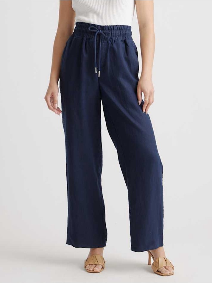 Quince 100% European Linen Wide Leg Drawstring Pants Navy Size Small Summer